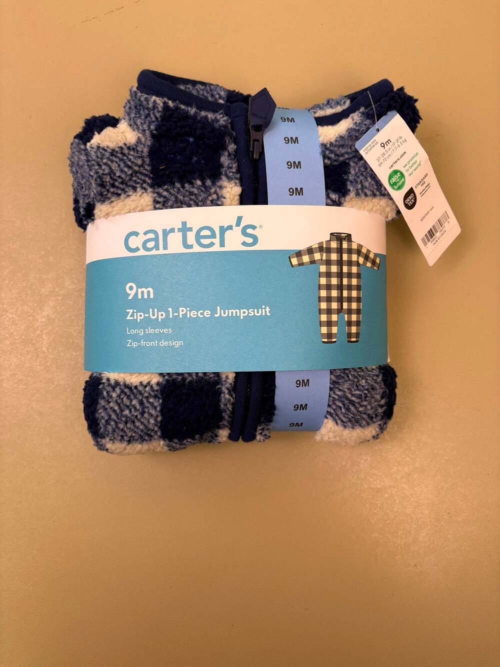 Carter’s Baby 9M Blue Plaid Sherpa Fleece Zip Up Jumpsuit One Piece NIP